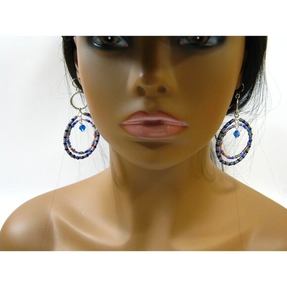 Set of Handcrafted BOHO Hippie style Large Glass Beaded Hoop Earrings  2.5in - Picture 4 of 9